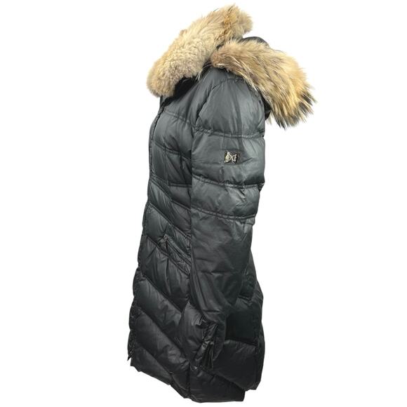 Dawn Levy Womens Black Zip Up Hooded Fur Collar Goose Down Puffer Coat Jacket M - Picture 2 of 7